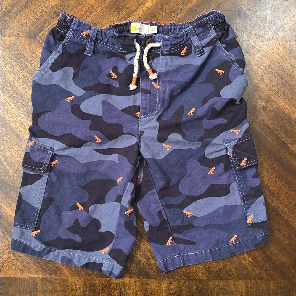 Kids' Blue Camo Cargo Shorts with Orange dinosaur Accents 11Y
